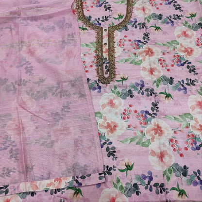 CODE JA251402: Pink printed semi gicha unstitched salwar material heavy bead &stone work(thin fabric lining