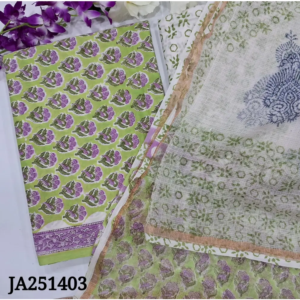 CODE JA251403: Bright green hand block printed pure cotton unstitched salwar material(lining needed)block printed