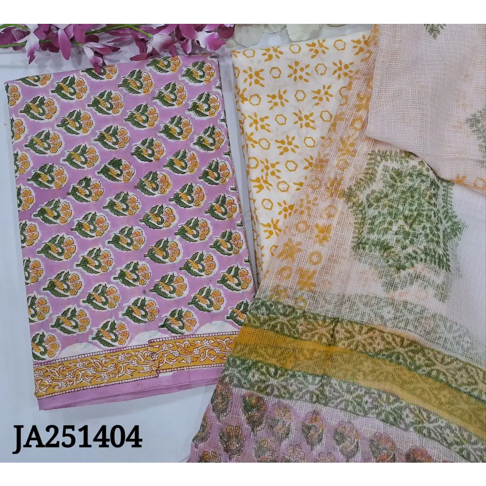 CODE JA251404: Light purplish pink hand block printed pure cotton unstitched salwar material(lining needed)block