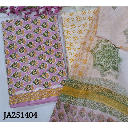 CODE JA251404: Light purplish pink hand block printed pure cotton unstitched salwar material(lining needed)block