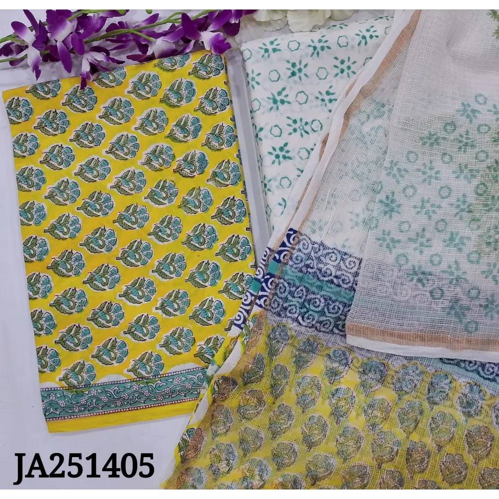 CODE JA251405: Bright sunshine yellow hand block printed pure cotton unstitched salwar material(lining needed)block
