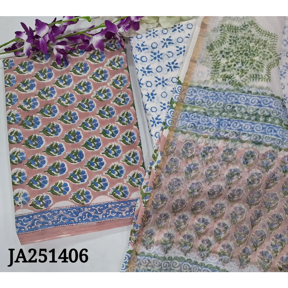 CODE JA251406: Light peachish pink hand block printed pure cotton unstitched salwar material(lining needed)block