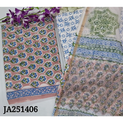CODE JA251406: Light peachish pink hand block printed pure cotton unstitched salwar material(lining needed)block