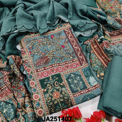 Dark greyish blue abstract printed jakard dola silk unstitched salwar material hand embroidered