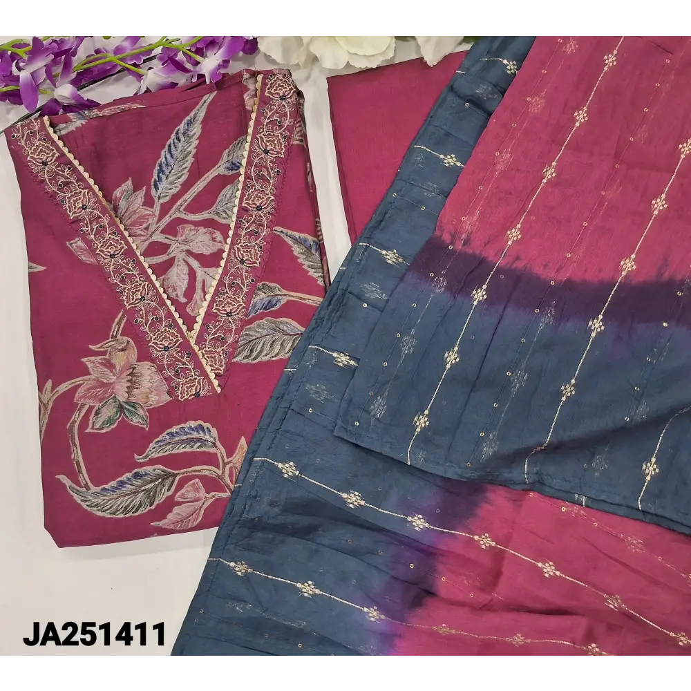 CODE JA251411: dark beetroot purple modal maslin silk unstitched salwar material v neck with zari work(lining