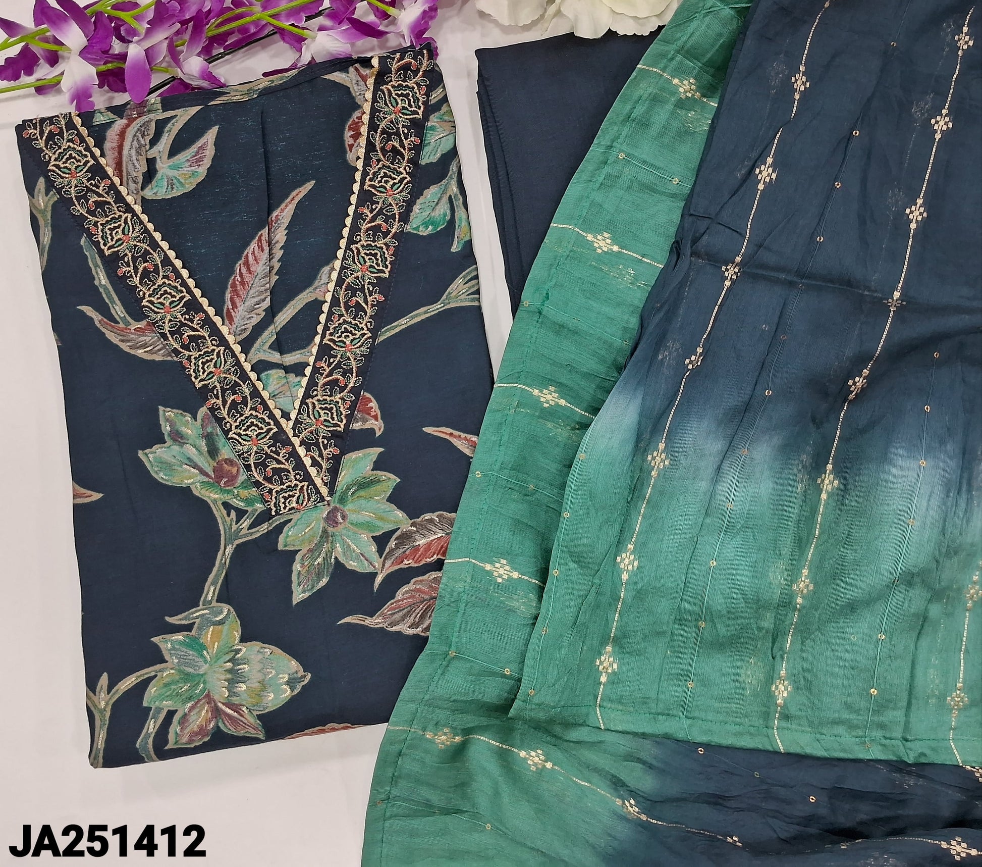 CODE JA251412: Dark blue modal maslin silk unstitched salwar material v neck with zari work(lining needed)matching