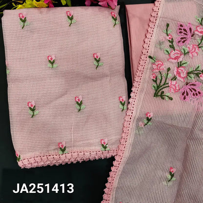 CODE JA251413: Pastel pink fancy super net unstitched salwar material cross stitch embroidered on front(netted fabric