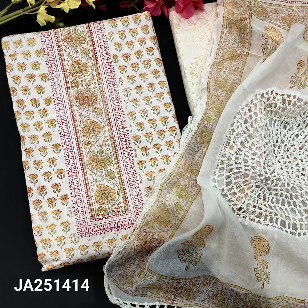 CODE JA251414: Half white base hand block printed pure soft cotton unstitched salwar material(lining needed)block