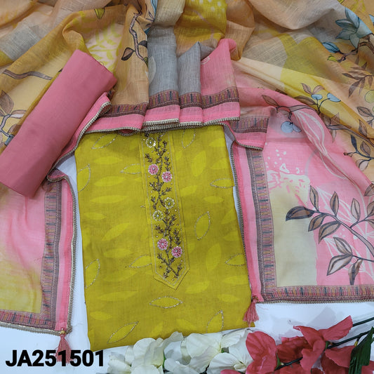 CODE JA251501: Bright mehandhi yellow designer leafy printed premium linen unstitched salwar material bead& thread work