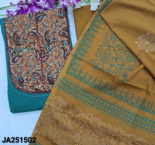 CODE JA251502: Teal blue handloom cotton unstitched salwar material hand block printed kalamkari yoke patch(lining