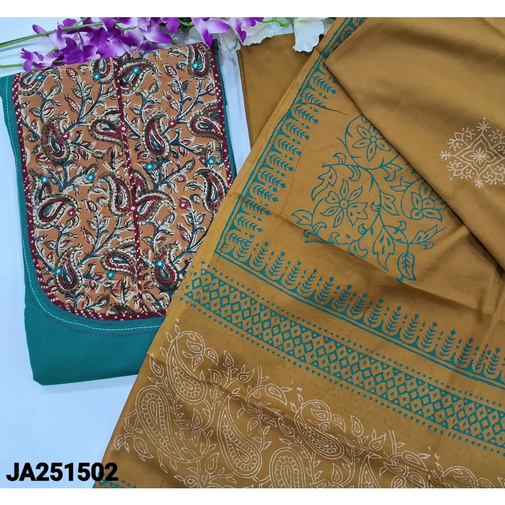 CODE JA251502: Teal blue handloom cotton unstitched salwar material hand block printed kalamkari yoke patch(lining