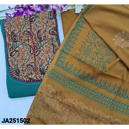 CODE JA251502: Teal blue handloom cotton unstitched salwar material hand block printed kalamkari yoke patch(lining