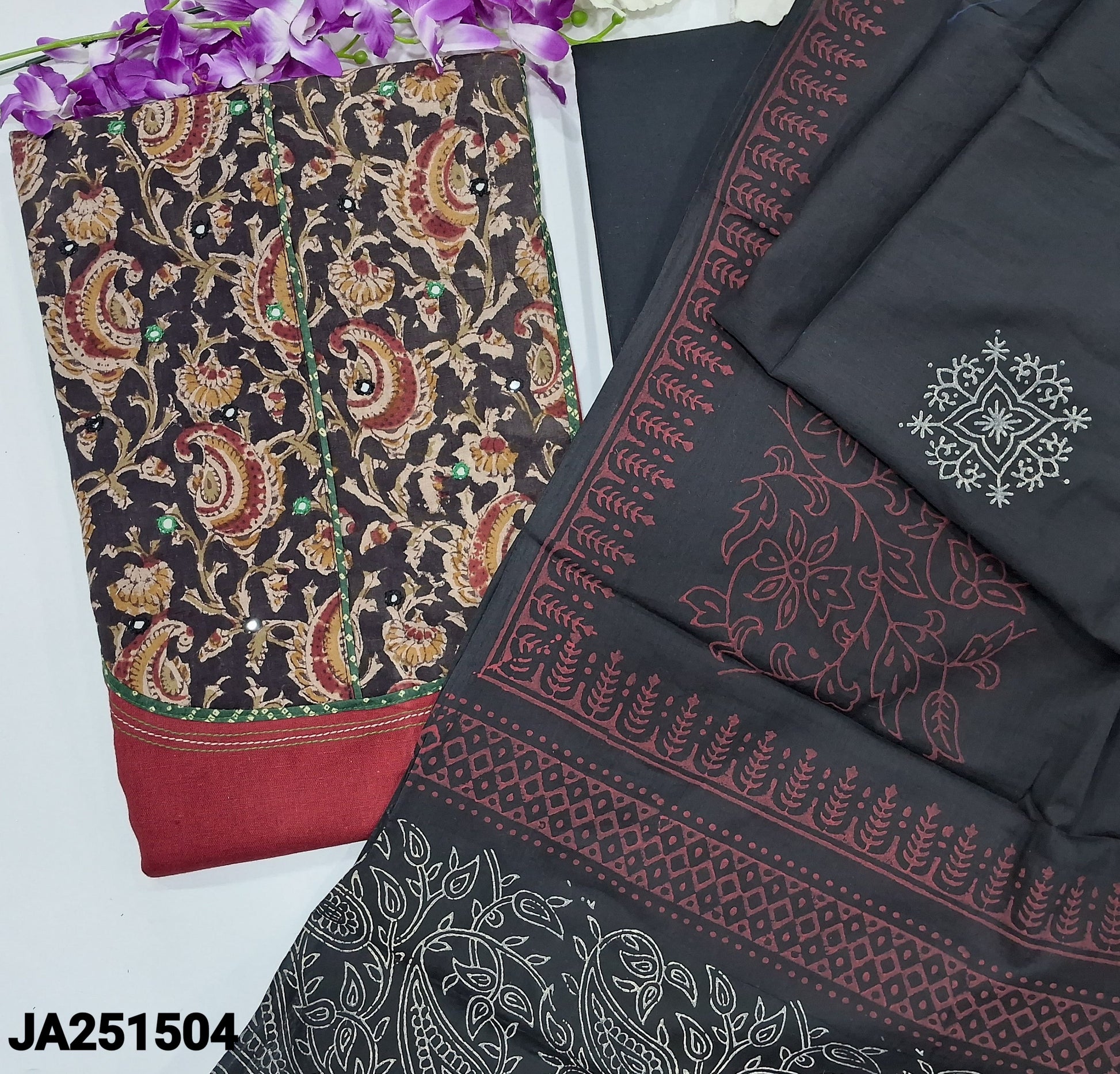 CODE JA251504: Maroon handloom cotton unstitched salwar material hand block printed kalamkari yoke patch(lining