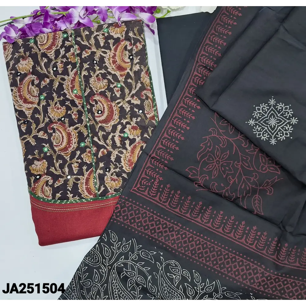 CODE JA251504: Maroon handloom cotton unstitched salwar material hand block printed kalamkari yoke patch(lining