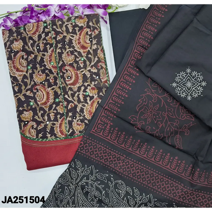 CODE JA251504: Maroon handloom cotton unstitched salwar material hand block printed kalamkari yoke patch(lining