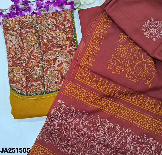 CODE JA251505: Mehandhi yellow handloom cotton unstitched salwar material hand block printed kalamkari yoke