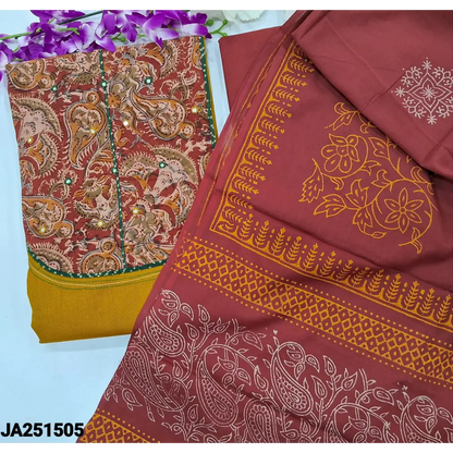 CODE JA251505: Mehandhi yellow handloom cotton unstitched salwar material hand block printed kalamkari yoke