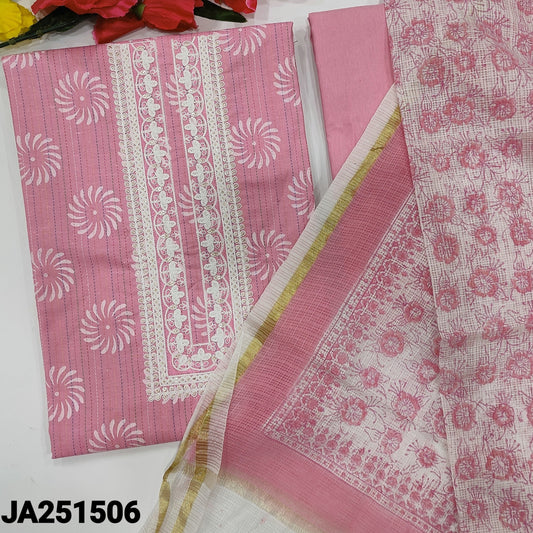 CODE JA251506: Pastel pink pure kantha cotton unstitched salwar material thread& sequins work on yoke thread& sequins