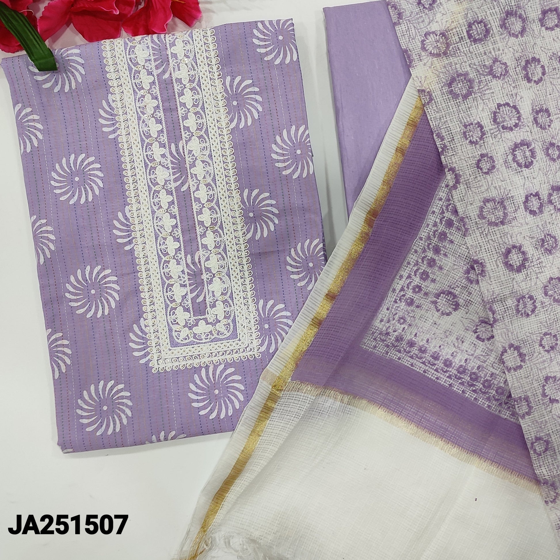 CODE JA251507: Lavender pure kantha cotton unstitched salwar material thread& sequins work on yoke thread& sequins work