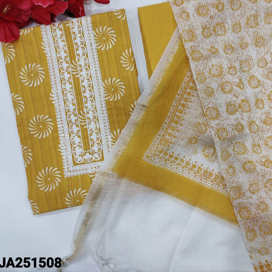 CODE JA251508: Mehandhi yellow pure kantha cotton unstitched salwar material thread& sequins work on yoke thread&