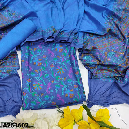 CODE JA251602: Blue floral printed fancy soft silk unstitched salwar material(lining needed)bright turquoise blue sobar