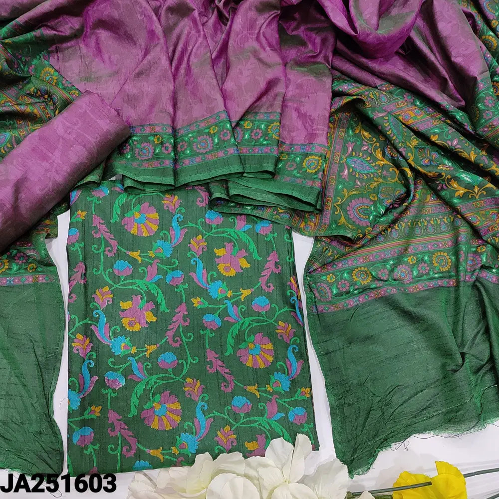 CODE JA251603: Dark green floral printed fancy soft silk unstitched salwar material(lining needed)purple sobar printed