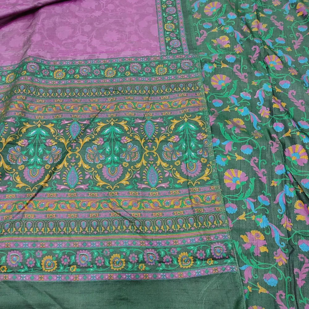 CODE JA251603: Dark green floral printed fancy soft silk unstitched salwar material(lining needed)purple sobar printed