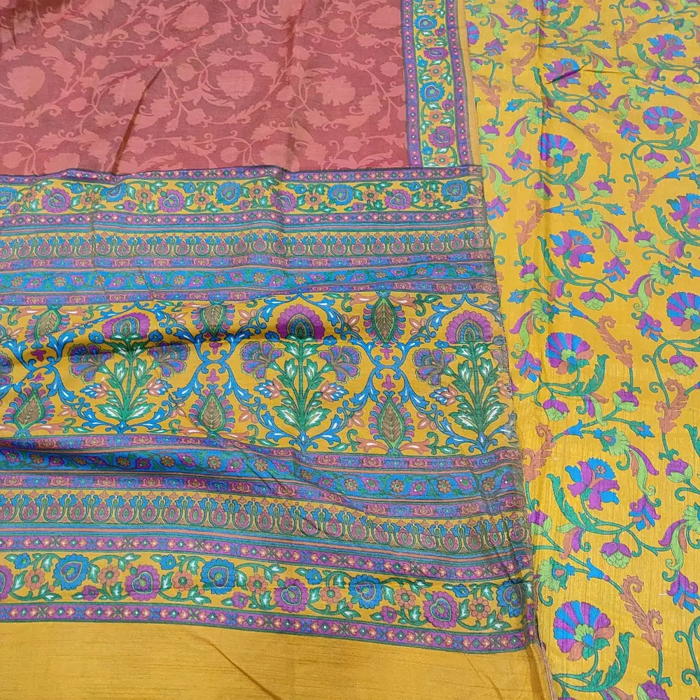 CODE JA251604: Light orange floral printed fancy soft silk unstitched salwar material(lining needed)brick red sobar