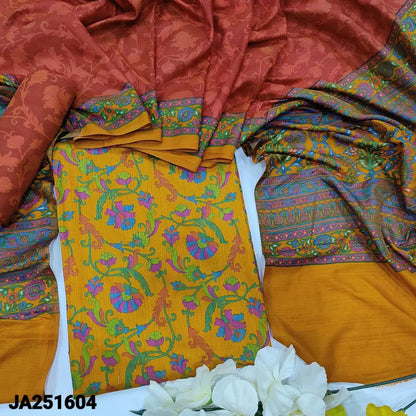CODE JA251604: Light orange floral printed fancy soft silk unstitched salwar material(lining needed)brick red sobar