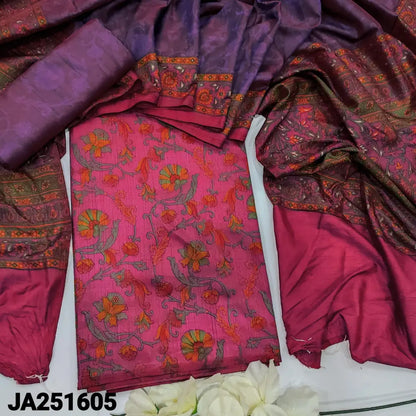 CODE JA251605: Pink floral printed fancy soft silk unstitched salwar material(lining needed)purple sobar printed fancy