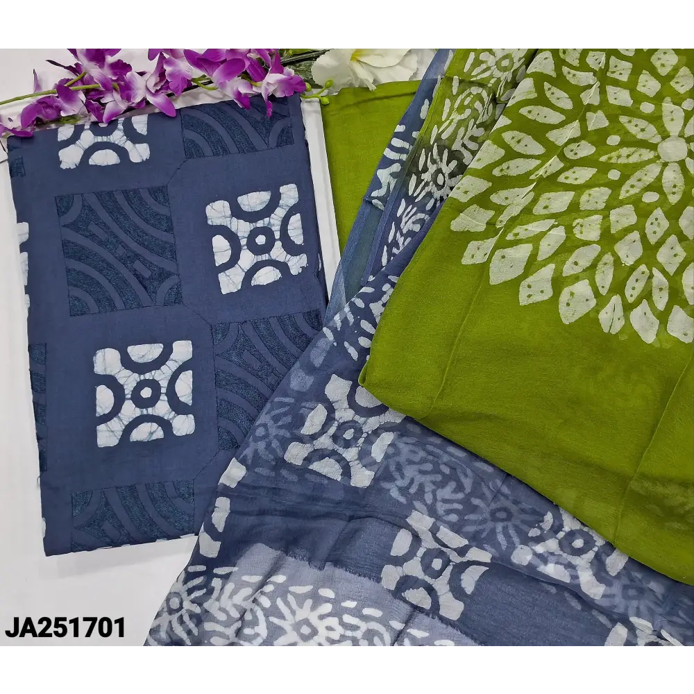 CODE JA251701: Blue original batik dyed pure cotton unstitched salwar material embroidered on front(lining needed)mossy
