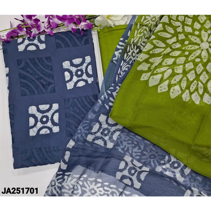 CODE JA251701: Blue original batik dyed pure cotton unstitched salwar material embroidered on front(lining needed)mossy