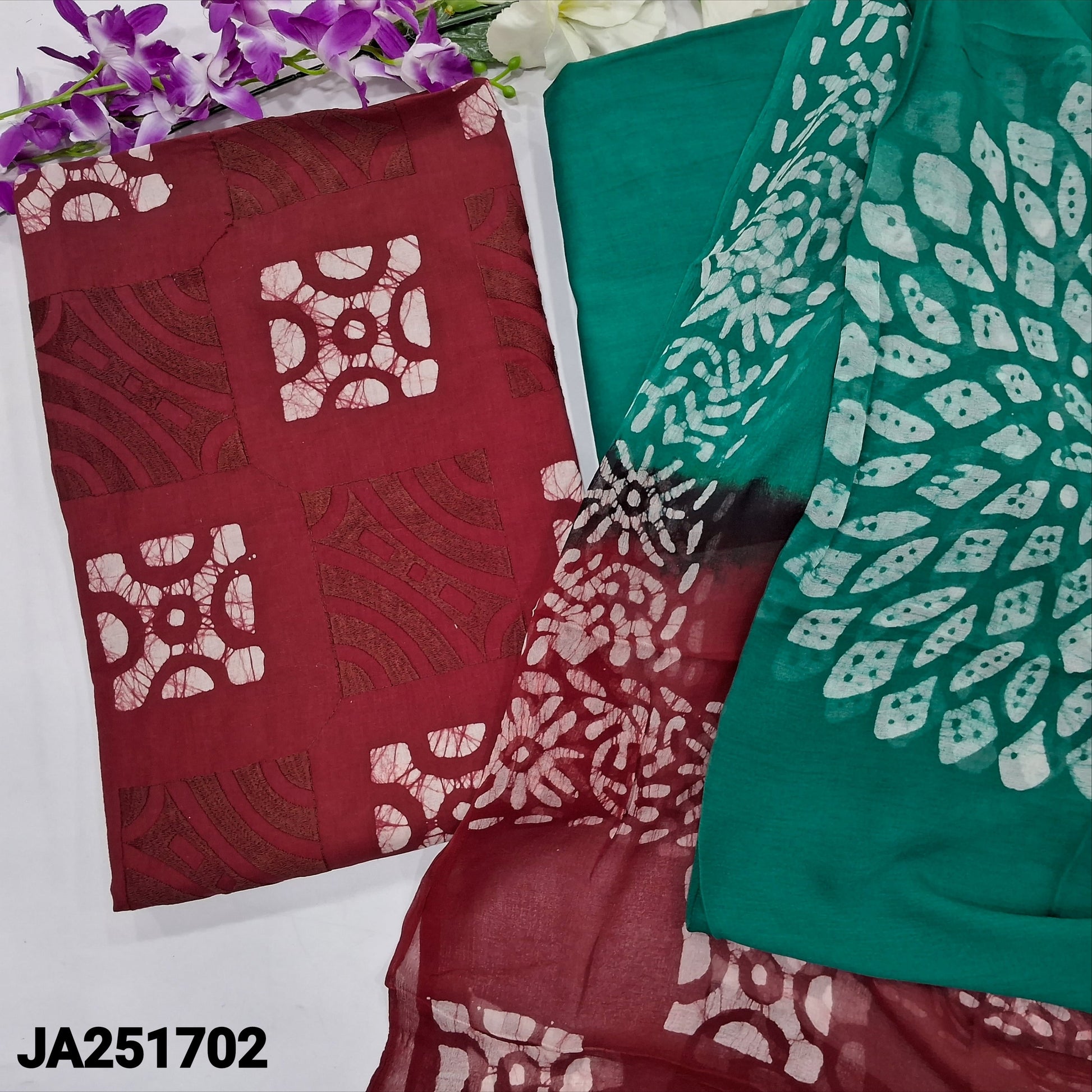 CODE JA251702: Reddish maroon original batik dyed pure cotton unstitched salwar material embroidered on front(lining