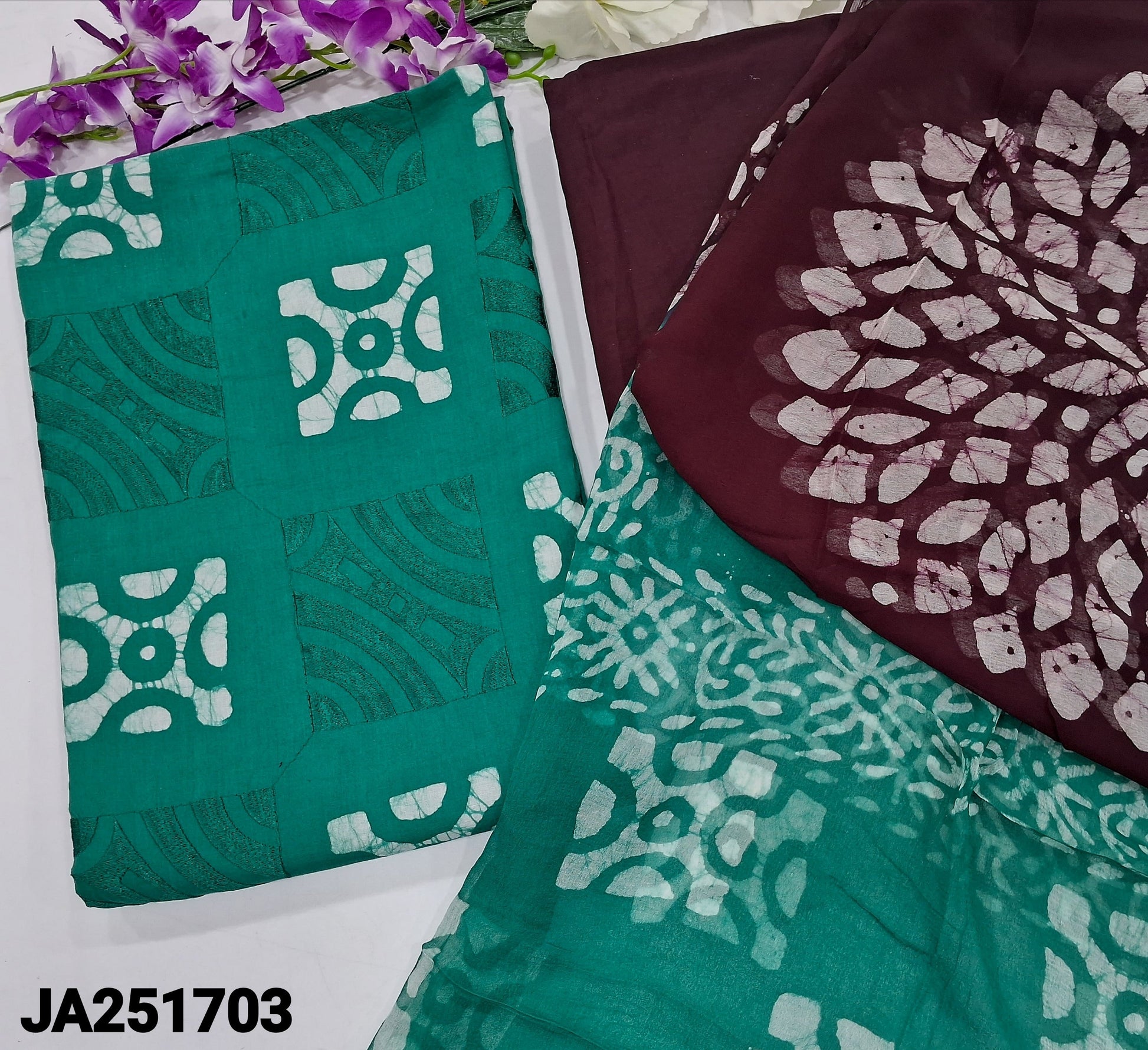 CODE JA251703: Turquoise green original batik dyed pure cotton unstitched salwar material embroidered on front(lining