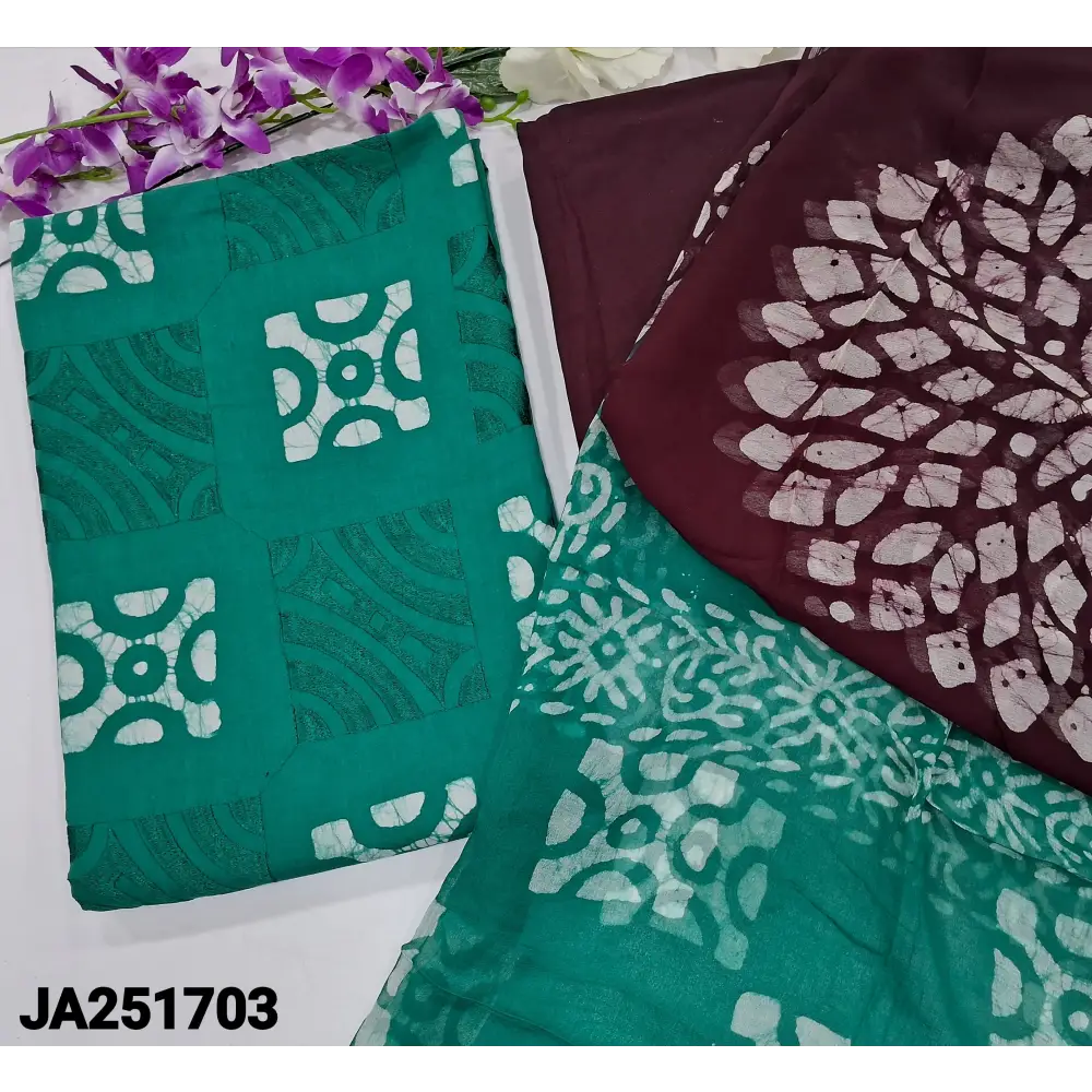 CODE JA251703: Turquoise green original batik dyed pure cotton unstitched salwar material embroidered on front(lining