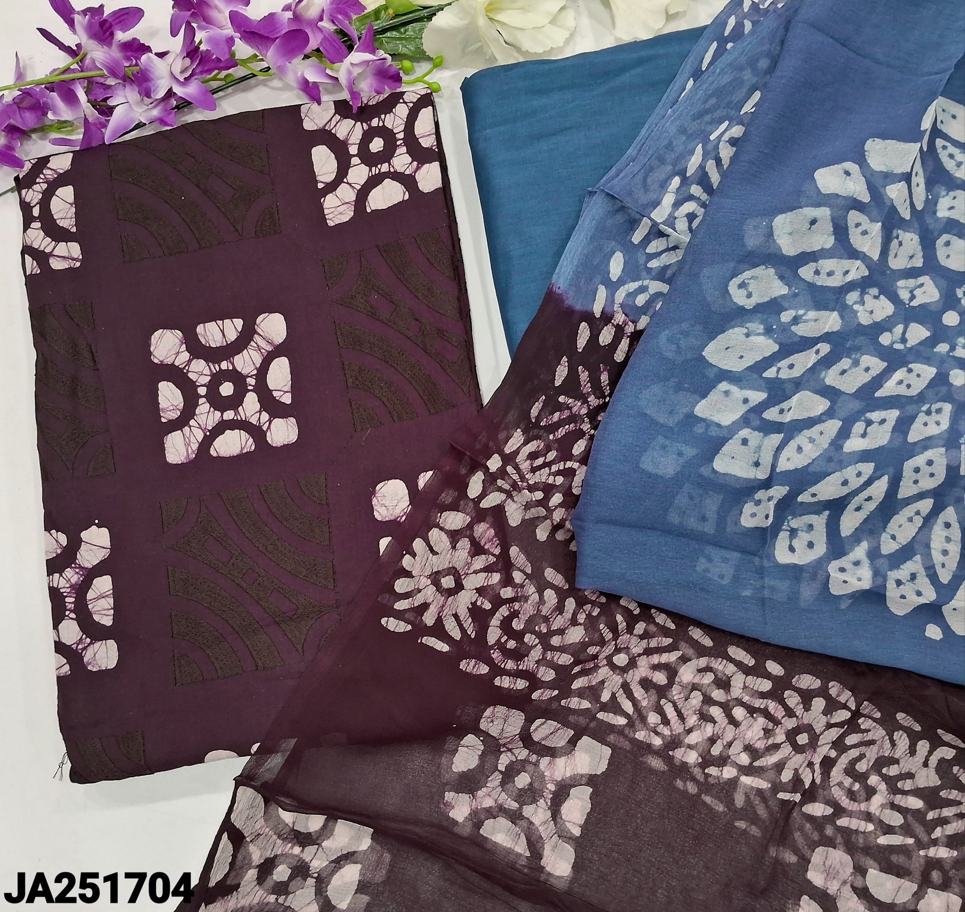 CODE JA251704: Deep wine purple original batik dyed pure cotton unstitched salwar material embroidered on front(lining