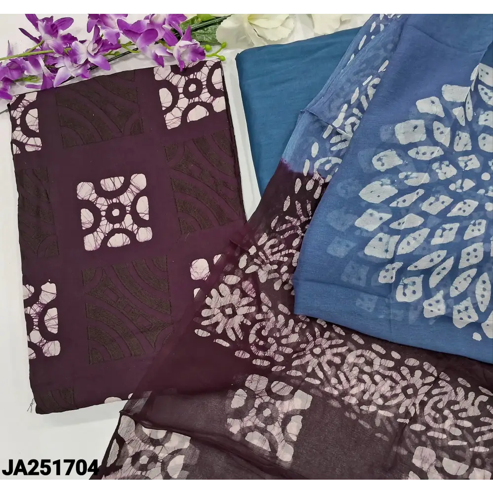 CODE JA251704: Deep wine purple original batik dyed pure cotton unstitched salwar material embroidered on front(lining