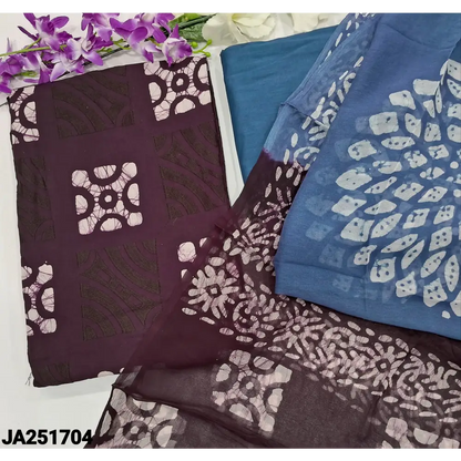 CODE JA251704: Deep wine purple original batik dyed pure cotton unstitched salwar material embroidered on front(lining