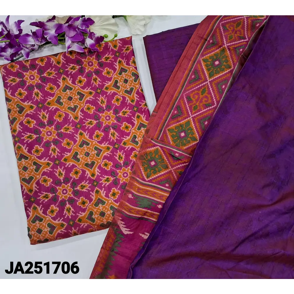 CODE JA251706: Bright pink ikat printed fancy silk unstitched salwar material(lining needed)purple sobar patola printed