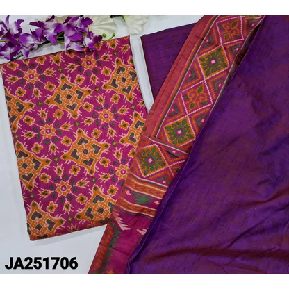CODE JA251706: Bright pink ikat printed fancy silk unstitched salwar material(lining needed)purple sobar patola printed