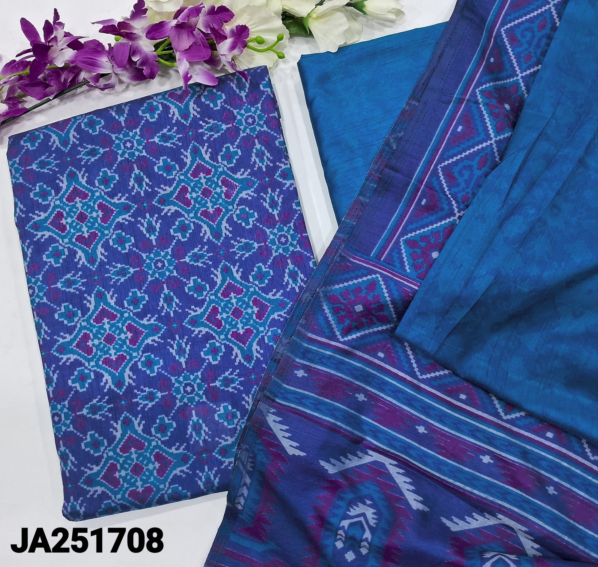 CODE JA251708: Ink blue ikat printed fancy silk unstitched salwar material(lining needed)turquoise blue sobar patola