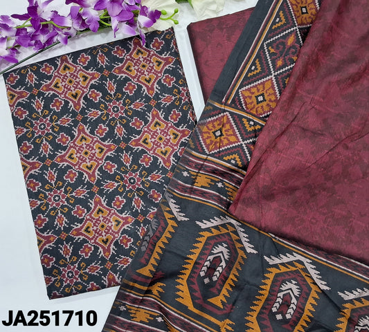 CODE JA251710: Black ikat printed fancy silk unstitched salwar material(lining needed)dark maroon sobar patola printed