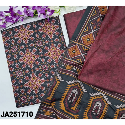 CODE JA251710: Black ikat printed fancy silk unstitched salwar material(lining needed)dark maroon sobar patola printed