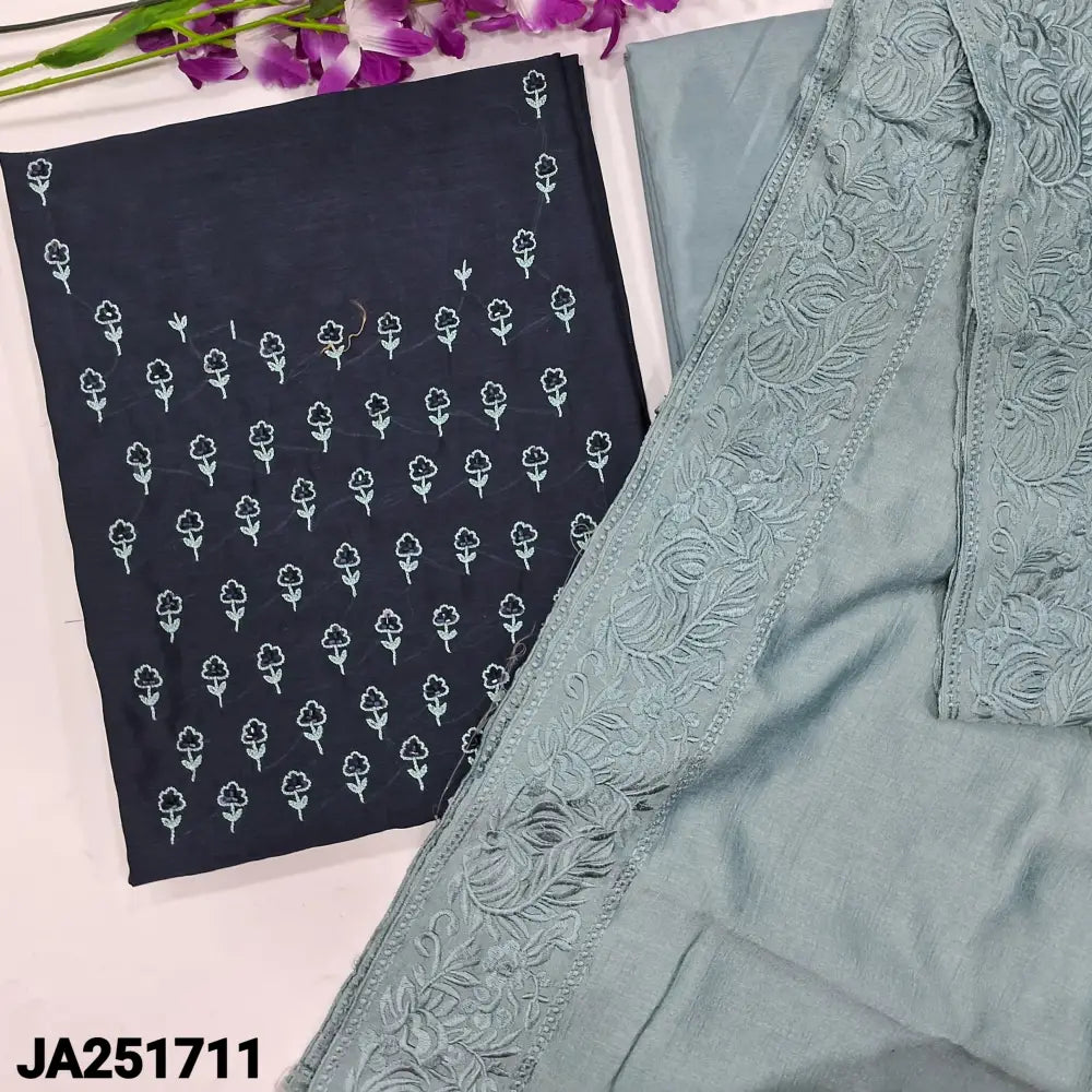 CODE JA251711: Dark blue vichithra silk cotton unstitched salwar material thread& bead work on yoke(thin fabric lining