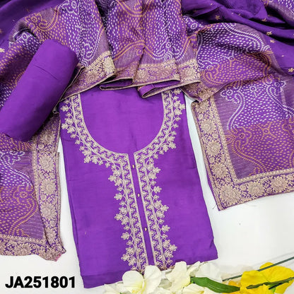 CODE JA251801: Light purple premium dola silk unstitched salwar material zari work on yoke &front(shiny fabric lining
