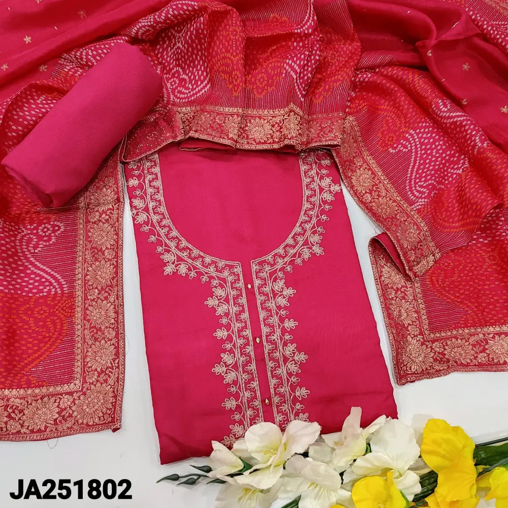 CODE JA251802: Bright pink premium dola silk unstitched salwar material zari work on yoke &front(shiny fabric lining