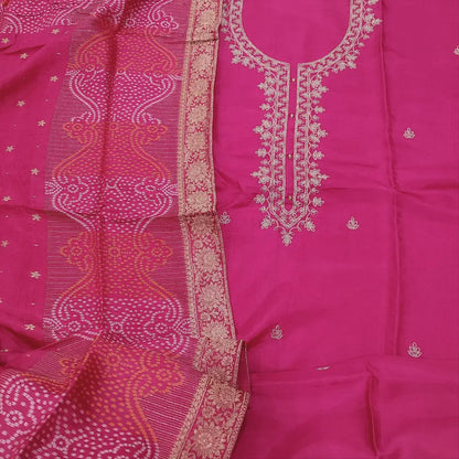 CODE JA251802: Bright pink premium dola silk unstitched salwar material zari work on yoke &front(shiny fabric lining