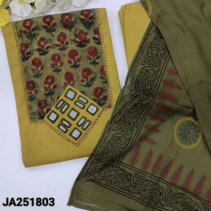 CODE JA251803: Light mehandhi yellow designer premium cotton unstitched salwar material,(lining needed)matching pure