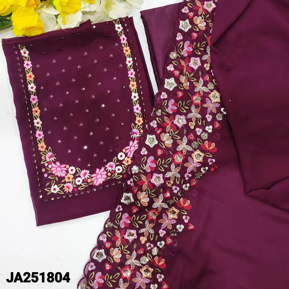 CODE JA251804: Dark beetroot puple semi georgette unstitched salwar material embroidered& sequins work on yoke(thin