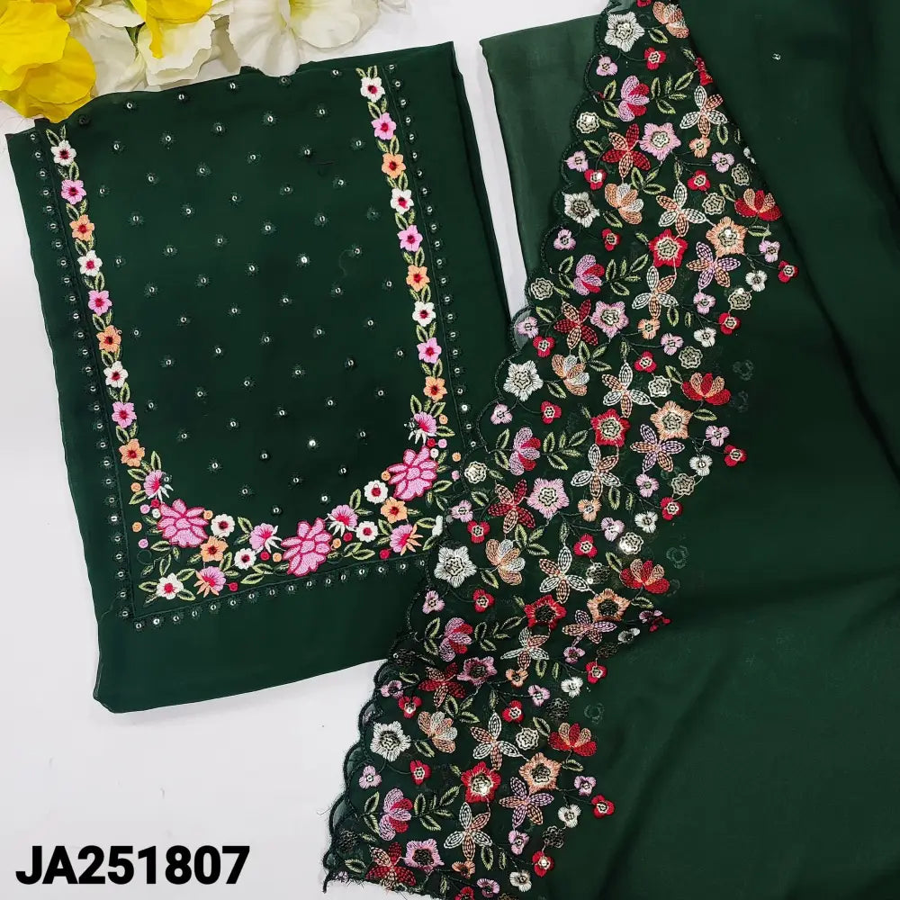 CODE JA251807: Bottle green semi georgette unstitched salwar material embroidered& sequins work on yoke(thin fabric
